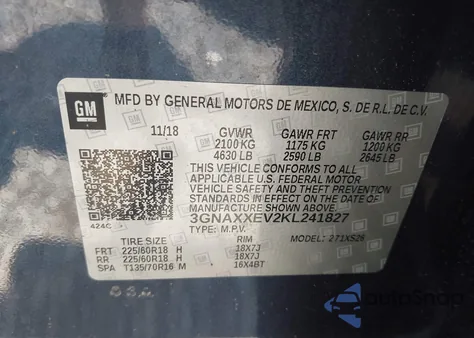 2019 Chevrolet Equinox Premier из США, поврежденный, VIN 3GNAXXEV2KL241827